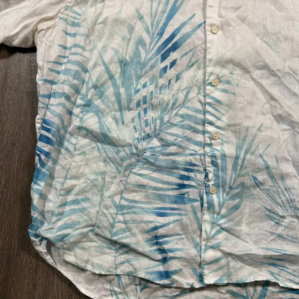 Tommy Bahama Button Down Shirt 2XB White Linen Tropical Palm Leaf Long Sleeve